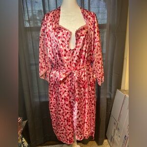 Pink and Red Satin Chemise with Heart Print Two Pieces- Robe and Gown